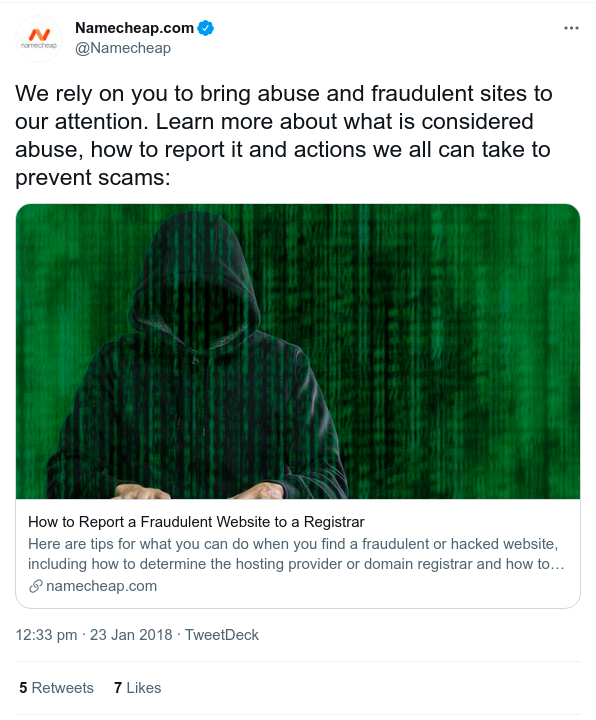 NameCheap SUS Tweet